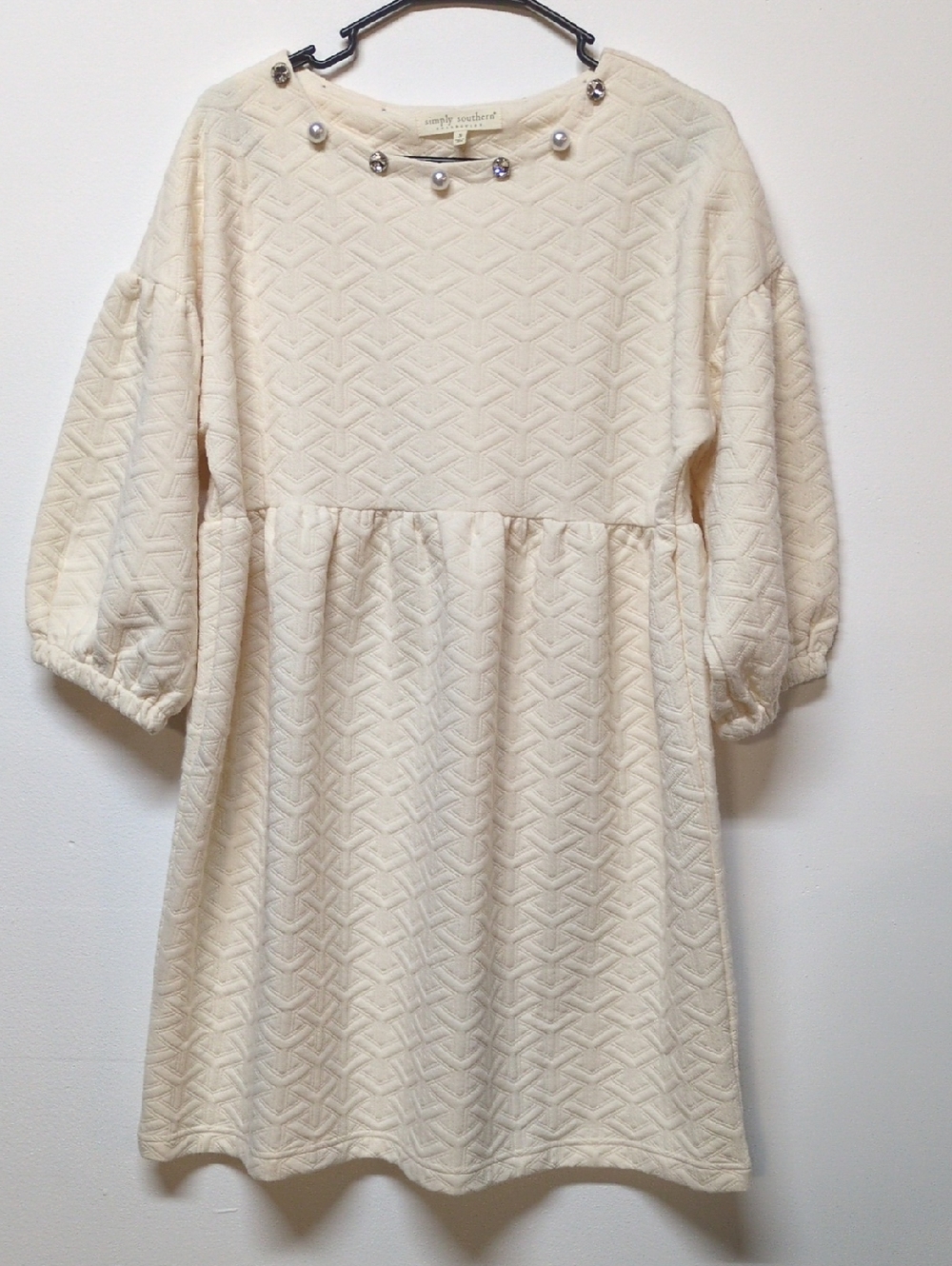 Simply Southern Quilted Jeweled Ivory Cream Dress, Size S